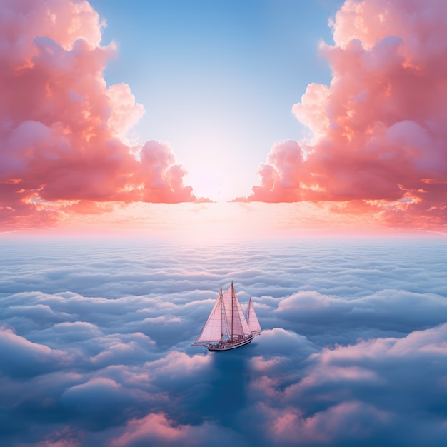 Bezpłatne zdjęcie chmury i łódź w stylu fantazji