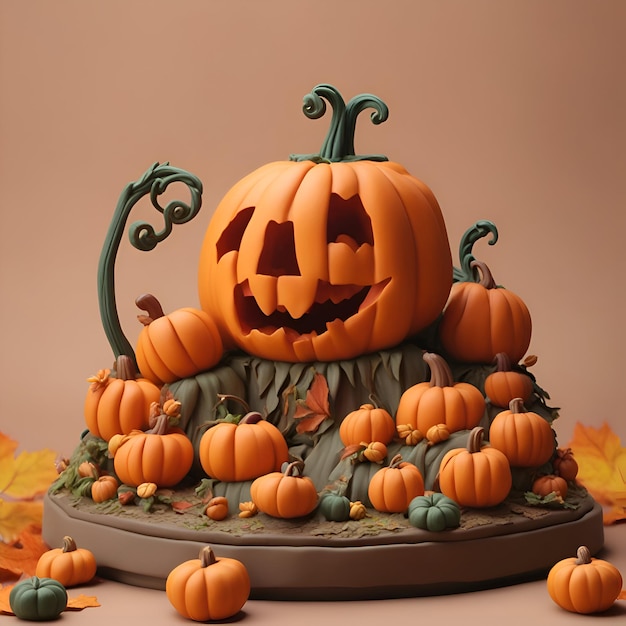 Bezpłatne zdjęcie ciasto dyniowe na halloween z dyniami i liśćmi renderowania 3d