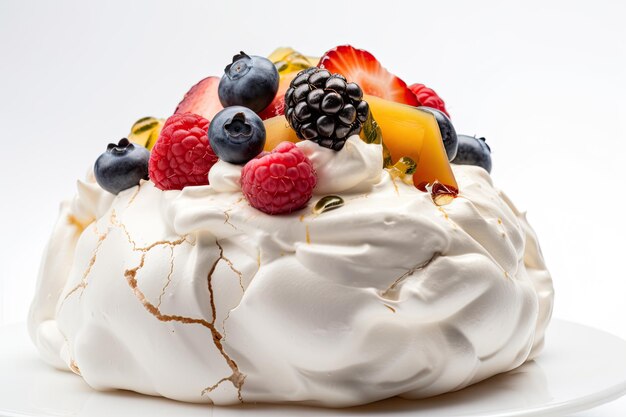 Ciasto Pavlova ze świeżą polewą jagodową i warstwami bitej śmietany i bezy izolowane na białym tleAi generatywne