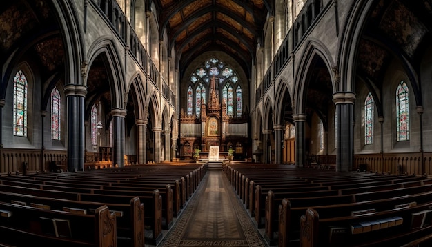 Cicha modlitwa w majestatycznej gotyckiej kaplicy bazyliki wygenerowanej przez AI