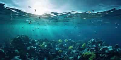 Bezpłatne zdjęcie cichy problem podwodny. plastik pływa w niebieskim morzu.