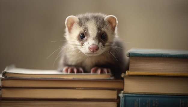 Bezpłatne zdjęcie ciekawa młoda fretka studiująca literaturę w pomieszczeniu wygenerowana przez sztuczną inteligencję