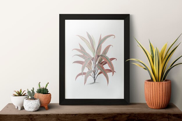 Ciemna nowoczesna ramka na zdjęcia na półce z roślinami
