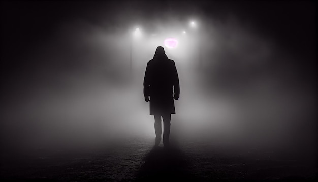 Ciemna sylwetka stojąca we mgle, spacerująca samotnie na zewnątrz, wygenerowana przez sztuczną inteligencję