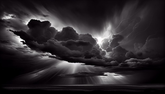 Bezpłatne zdjęcie ciemne, złowrogie chmury nad dramatycznym generatywnym krajobrazem sztucznej inteligencji