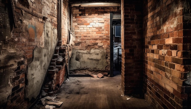 Ciemny upiorny korytarz w opuszczonym starym budynku generowanym przez sztuczną inteligencję
