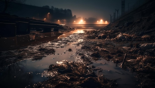 Bezpłatne zdjęcie ciemny zimowy krajobraz odzwierciedla ludzką dominację przemysłową generowaną przez sztuczną inteligencję