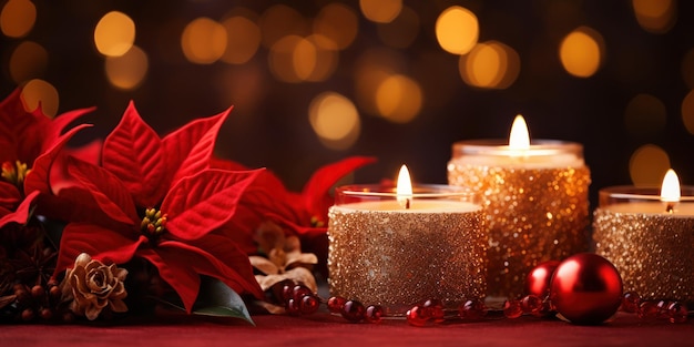 Bezpłatne zdjęcie ciepło świątecznego ducha jest uchwycone prezentami i kwitnącymi poinsettiami przy świecach