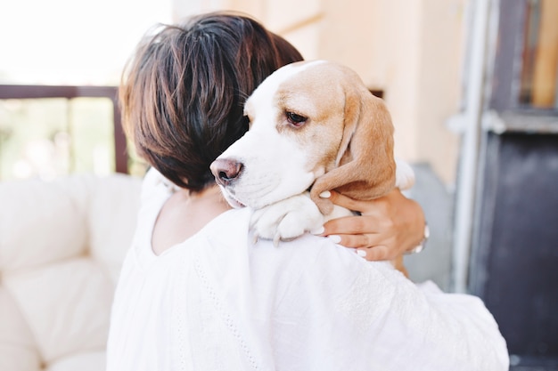 Close-up portret smutny pies rasy beagle, patrząc na ramię brunetki dziewczyny