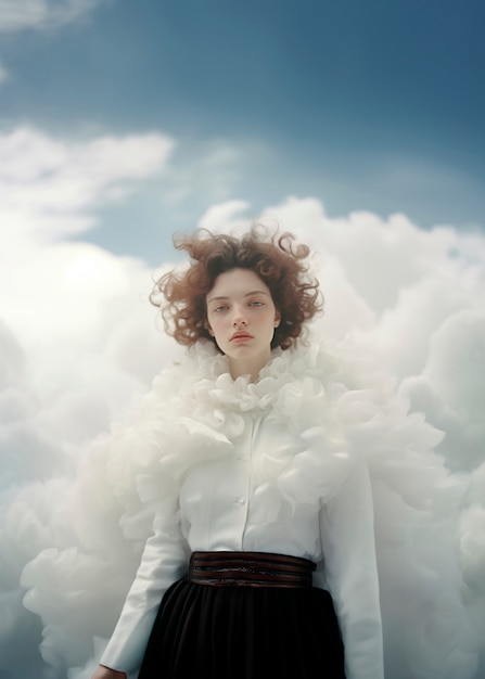 Bezpłatne zdjęcie conceptual scene with people walking through the clouds