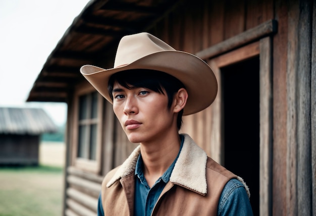 Bezpłatne zdjęcie cowboy portrait in daylight with out of focus landscape background