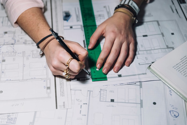 Bezpłatny plik Zdjęcie crop hands making blueprints