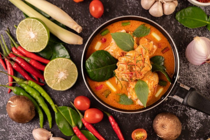 Bezpłatny plik Zdjęcie curry z kurczaka na patelni z trawą cytrynową, liśćmi limonki kaffir, pomidorami, cytryną i czosnkiem