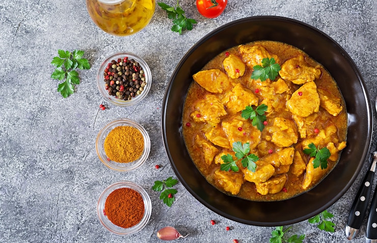 Bezpłatny plik Zdjęcie curry z kurczakiem i cebulą. indyjskie jedzenie. kuchnia azjatycka. widok z góry