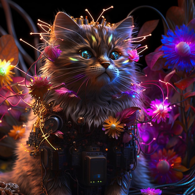 Cyber kot z gigantycznymi elektro kwiatami w Sunrise Generative AI