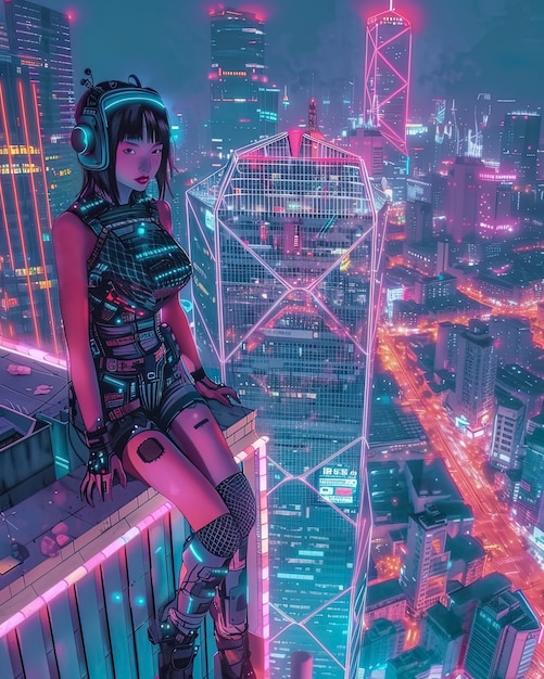 Bezpłatne zdjęcie cyberpunk city street at night with neon lights and futuristic aesthetic