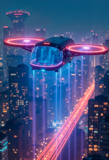 Cyberpunk drone flying over a futuristic city at night