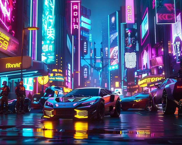 Cyberpunk miejska ulica w nocy z neonowymi światłami i futurystyczną estetyką