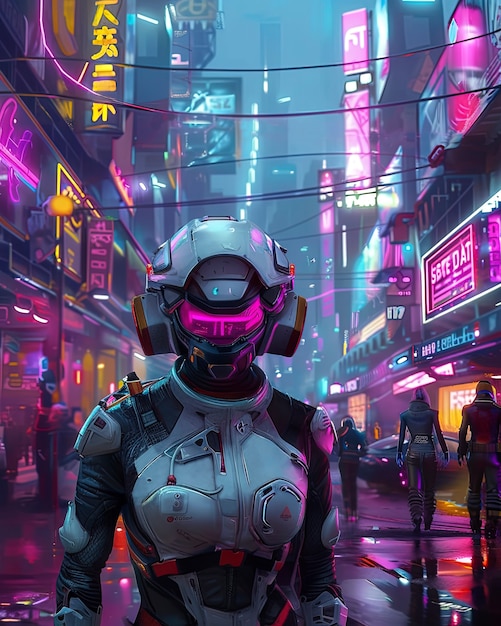 Cyberpunk miejska ulica w nocy z neonowymi światłami i futurystyczną estetyką