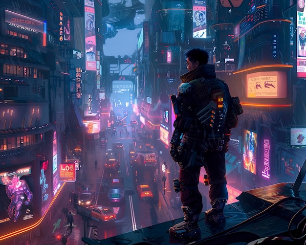 Cyberpunk miejska ulica w nocy z neonowymi światłami i futurystyczną estetyką