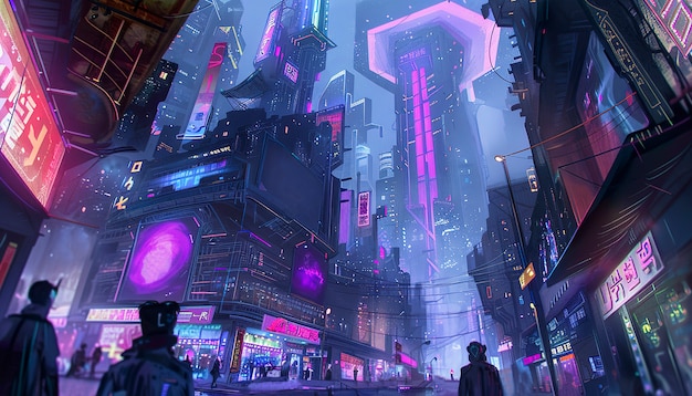 Cyberpunk miejska ulica w nocy z neonowymi światłami i futurystyczną estetyką