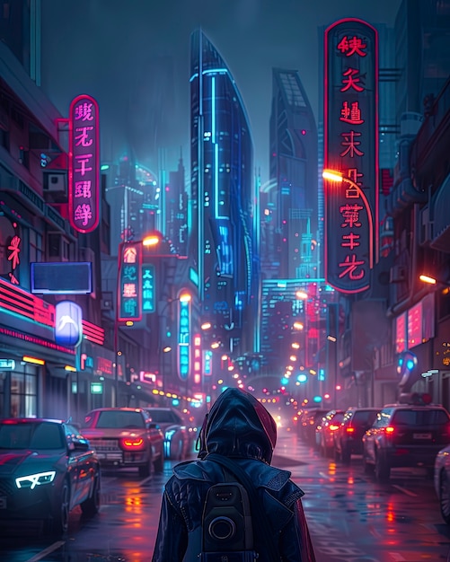 Bezpłatne zdjęcie cyberpunk miejska ulica w nocy z neonowymi światłami i futurystyczną estetyką