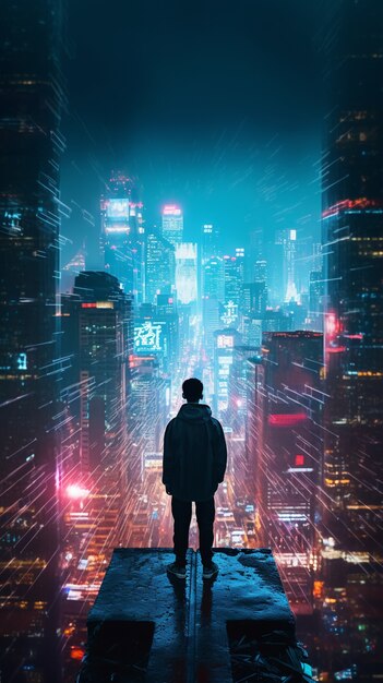 Cyberpunkowy wojownik patrzący na miasto