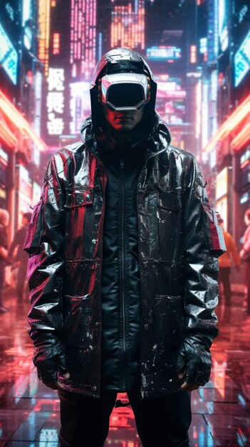 Cyberpunkowy wojownik w miejskiej scenerii