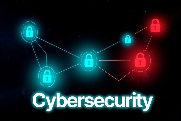 Cybersecurity network with glowing padlocks