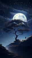 Bezpłatne zdjęcie cyfrowa tapeta z księżycem i drzewem