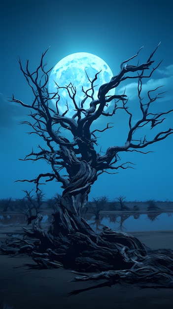 Cyfrowa tapeta z księżycem i drzewem
