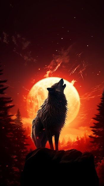 Cyfrowa tapeta z księżycem i wilkiem