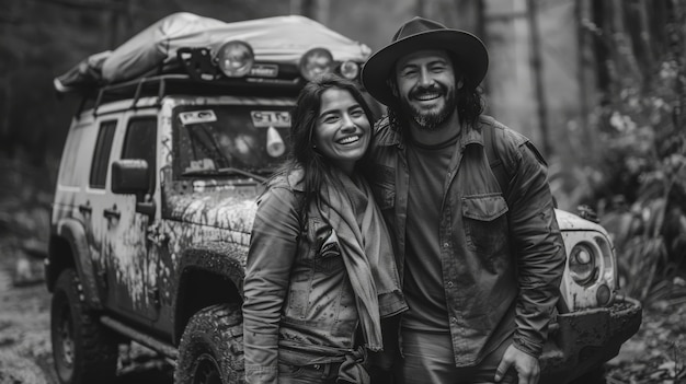 Czarni i biali ludzie z samochodem off-road jeżdżący dla przygody