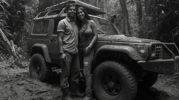 Czarni i biali ludzie z samochodem off-road jeżdżący dla przygody