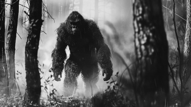 Bezpłatne zdjęcie czarno-biała reprezentacja owłosionej bestii sasquatch