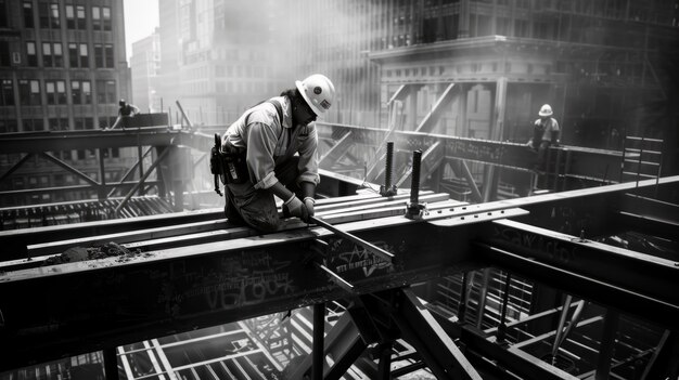 Czarno-biała scena przedstawiająca życie robotników budowlanych na placu budowy