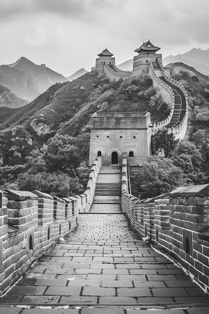 Czarno-biała scena Wielkiego Muru Chińskiego