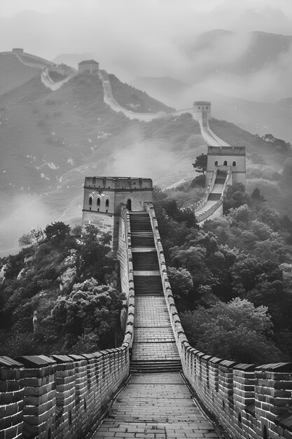 Czarno-biała scena Wielkiego Muru Chińskiego