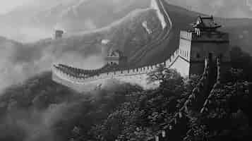 Bezpłatne zdjęcie czarno-biała scena wielkiego muru chińskiego