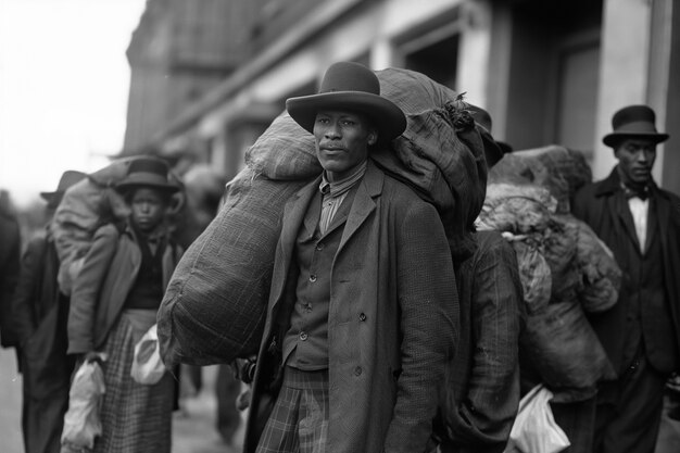 Czarno-biała vintage scena z ludźmi migrującymi do obszarów wiejskich w dawnych czasach