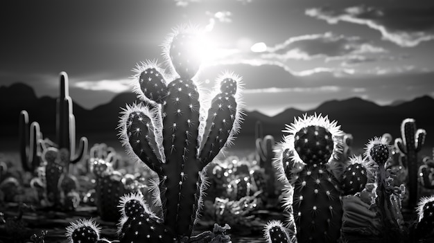 Bezpłatne zdjęcie czarno-białe kaktusy pustynne