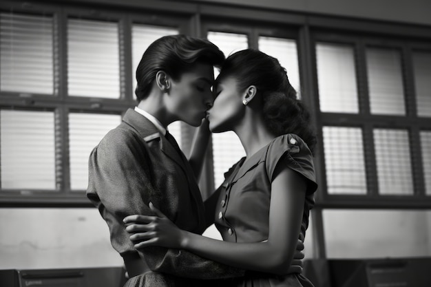 Bezpłatne zdjęcie czarno-biały całujący portret pary