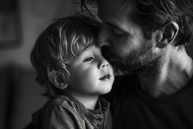 Czarno-biały całujący portret rodzica i dziecka