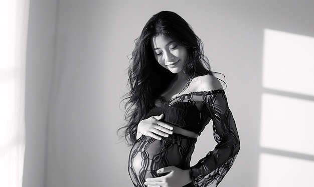 Bezpłatne zdjęcie czarno-biały portret ciężarnej kobiety oczekującej dziecka