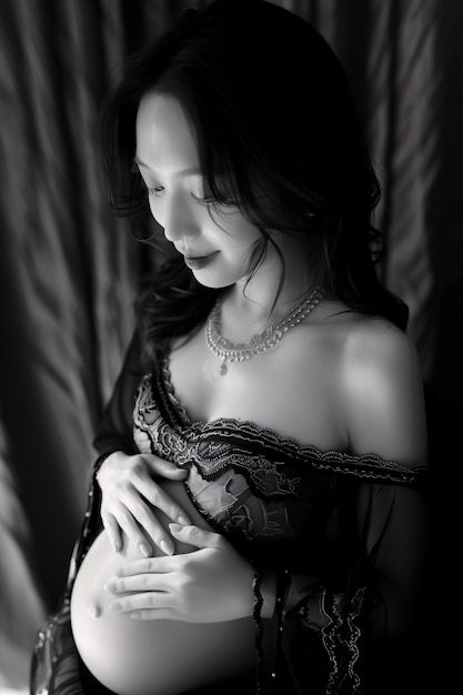 Bezpłatne zdjęcie czarno-biały portret kobiety oczekującej dziecka