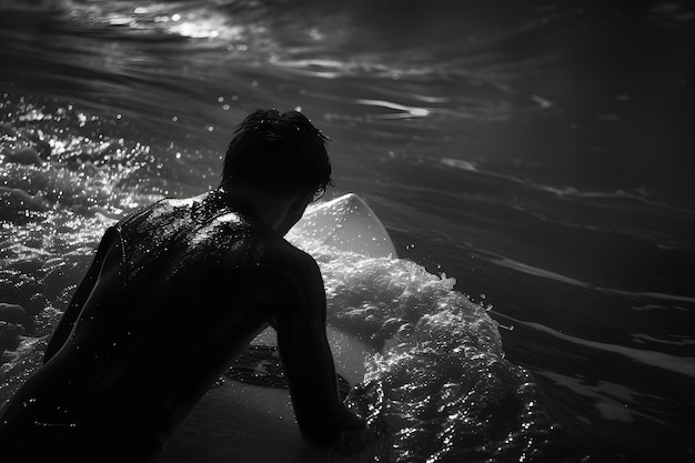 Bezpłatne zdjęcie czarno-biały portret osoby surfującej wśród fal