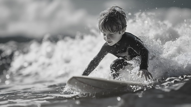 Bezpłatne zdjęcie czarno-biały portret osoby surfującej wśród fal