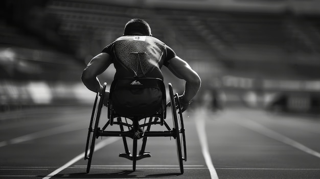 Czarno-biały portret sportowca rywalizującego na mistrzostwach paraolimpijskich