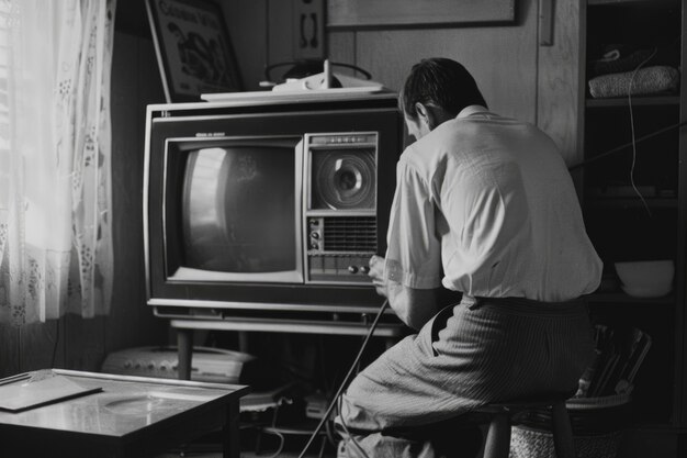 Czarno-biały vintage portret mężczyzny wykonującego prace domowe i domowe
