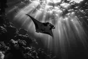 Bezpłatne zdjęcie czarno-biały widok manty w jej naturalnym środowisku podwodnym